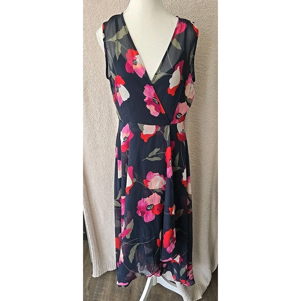 Calvin Klein Navy Midi Dress with Pink & Red Floral Print